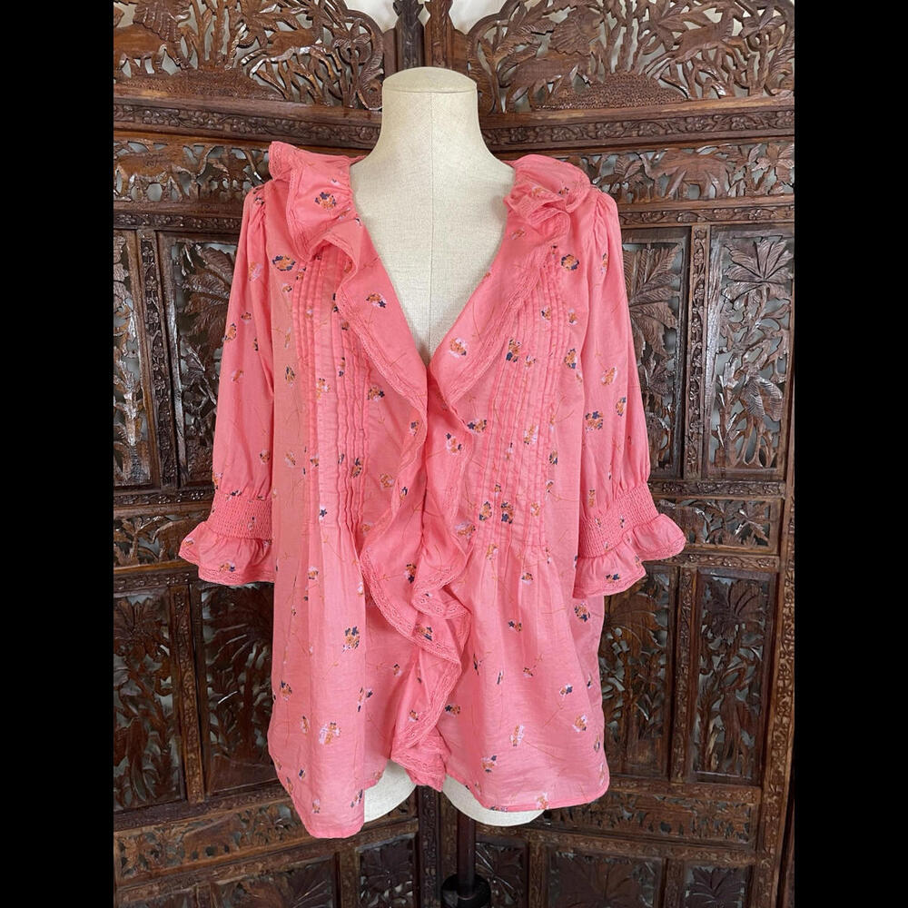 Sundance Womens Floral Beatrice Ruffle Front 100% Cotton Top Pink Size L EUC